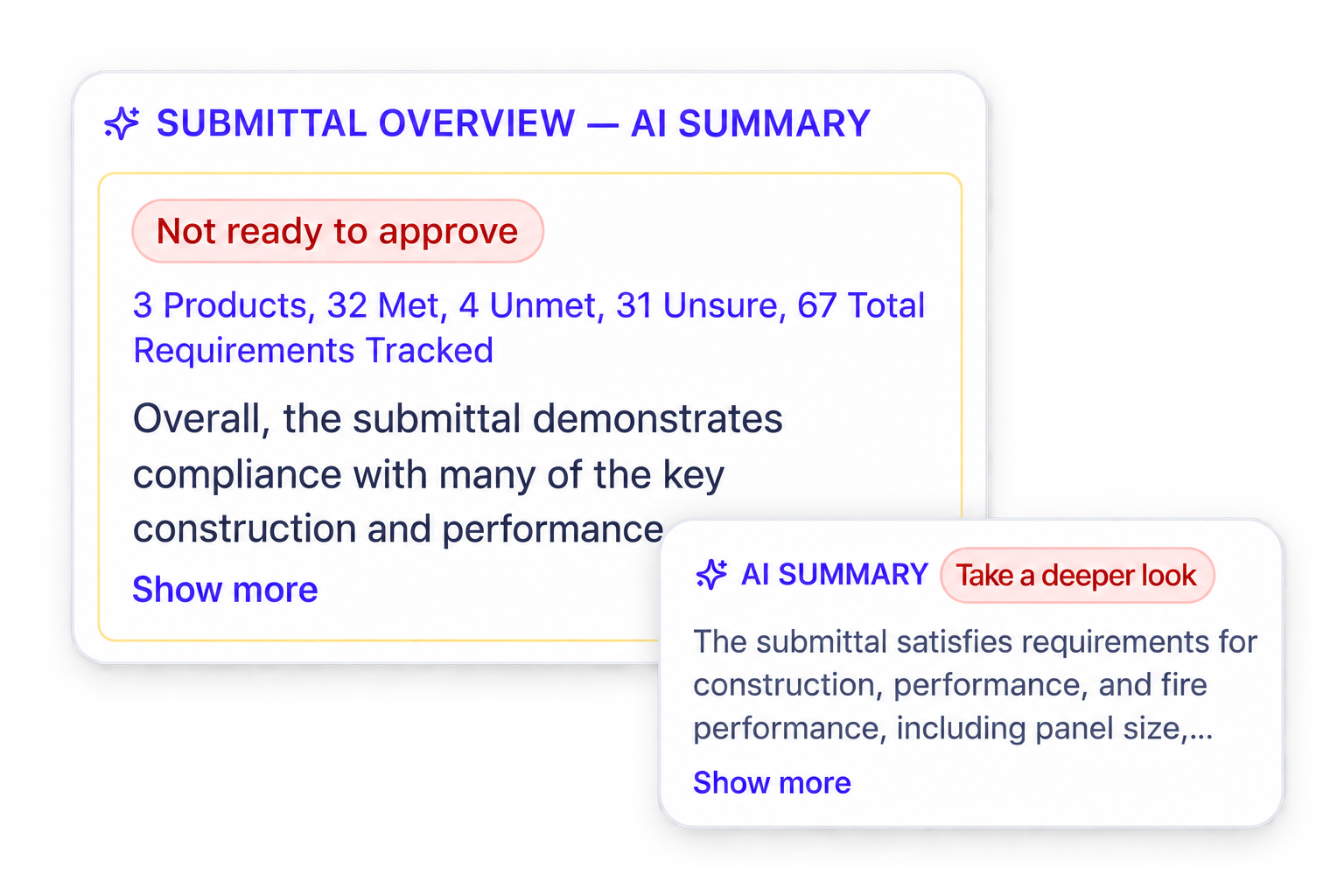 Submittal Overview AI Summary card showing a Not ready to approve status and requirement counts, with a smaller AI Summary card