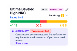Remy requirement card for Ultima Beveled High NRC showing met, unmet and unsure counts with an AI summary