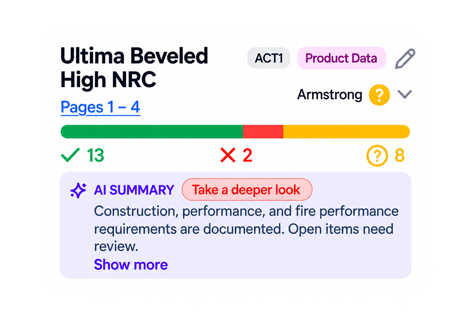 Remy requirement card for Ultima Beveled High NRC showing met, unmet and unsure counts with an AI summary