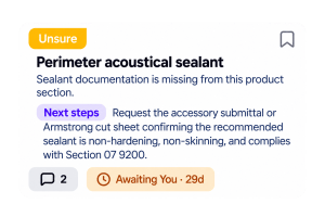 Remy requirement card flagged Unsure for the perimeter acoustical sealant with next steps, comments and an awaiting-you status