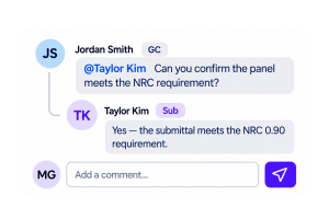 Remy comment thread where a GC asks a subcontractor to confirm the panel meets the NRC requirement and the sub confirms