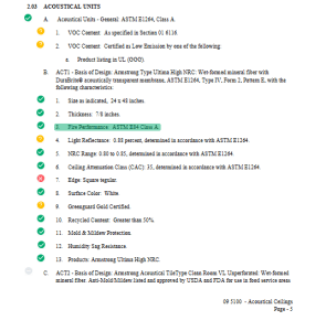Specification section 2.03 Acoustical Units with requirement status checks and the fire performance line highlighted