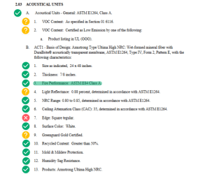 Specification section 2.03 Acoustical Units with requirement status checks and the fire performance line highlighted