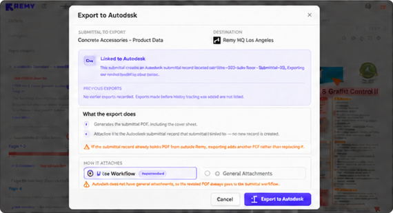 Export to the linked Procore/Autodesk record