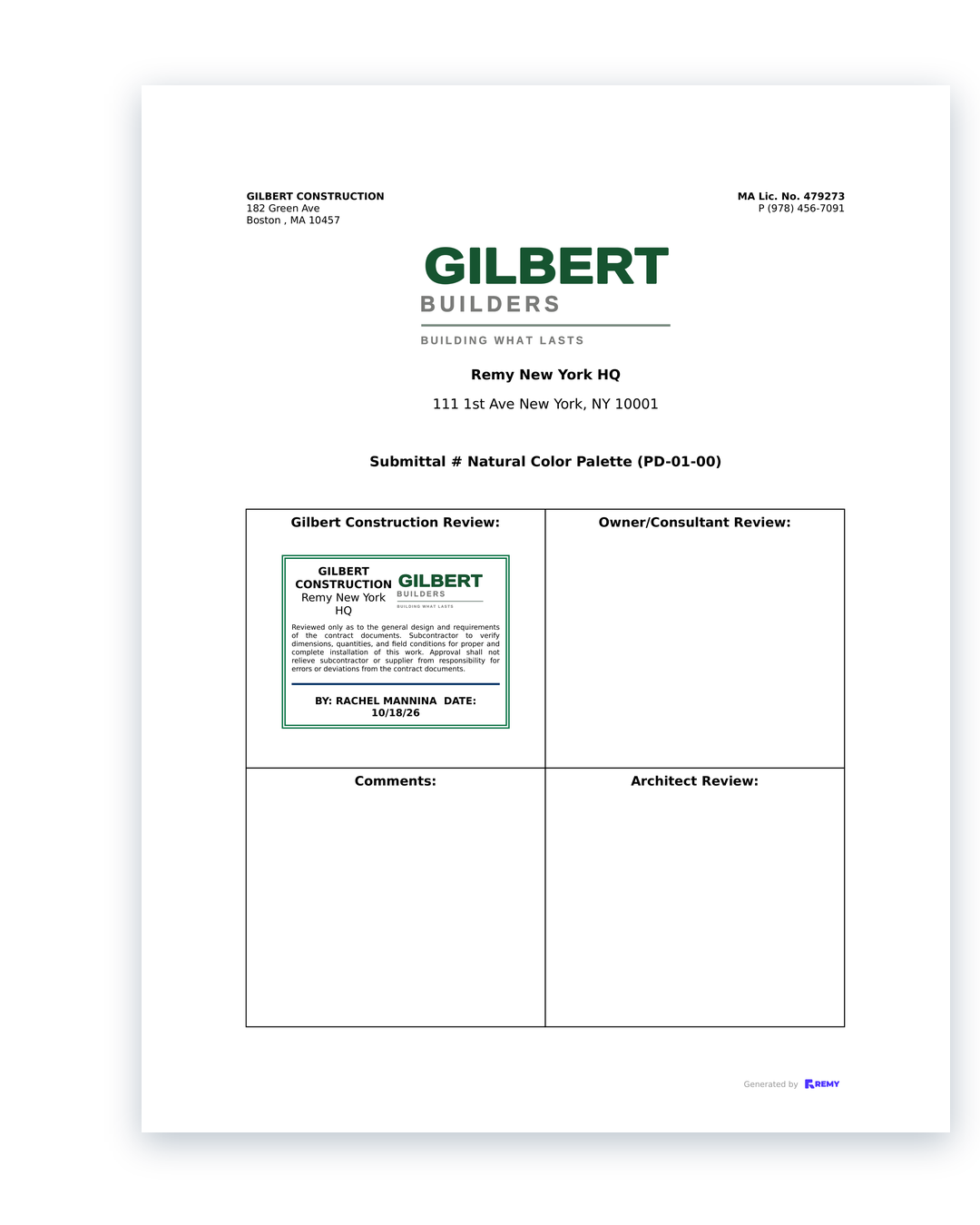 Generated Gilbert Builders submittal cover page
